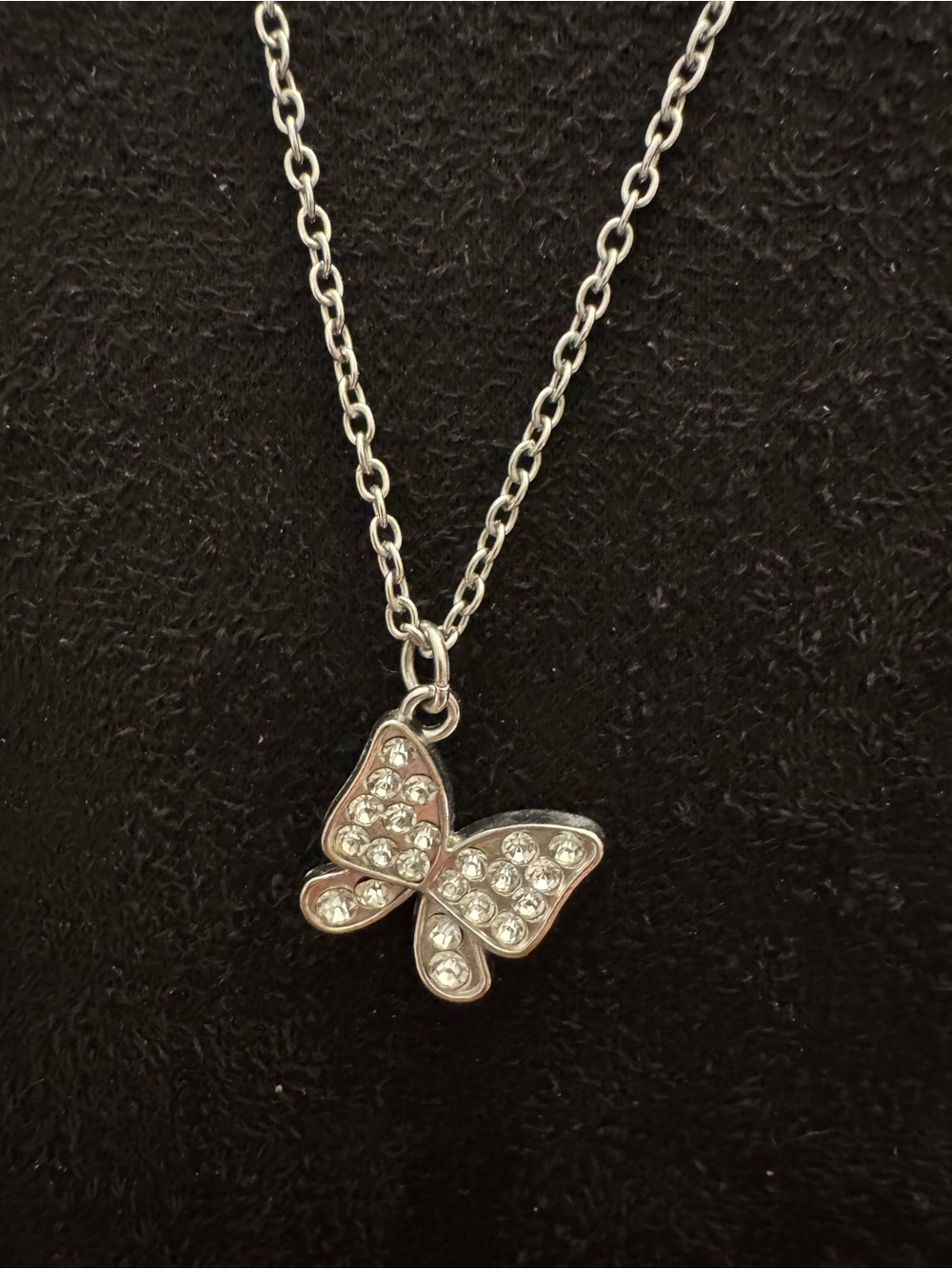 Silver Tone Rhinestone Butterfly Pendant Necklace Adjustable Chain